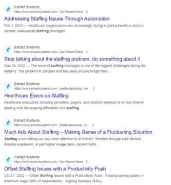 An image of google results showing various articles about healthcare staffing written by Extract Systems